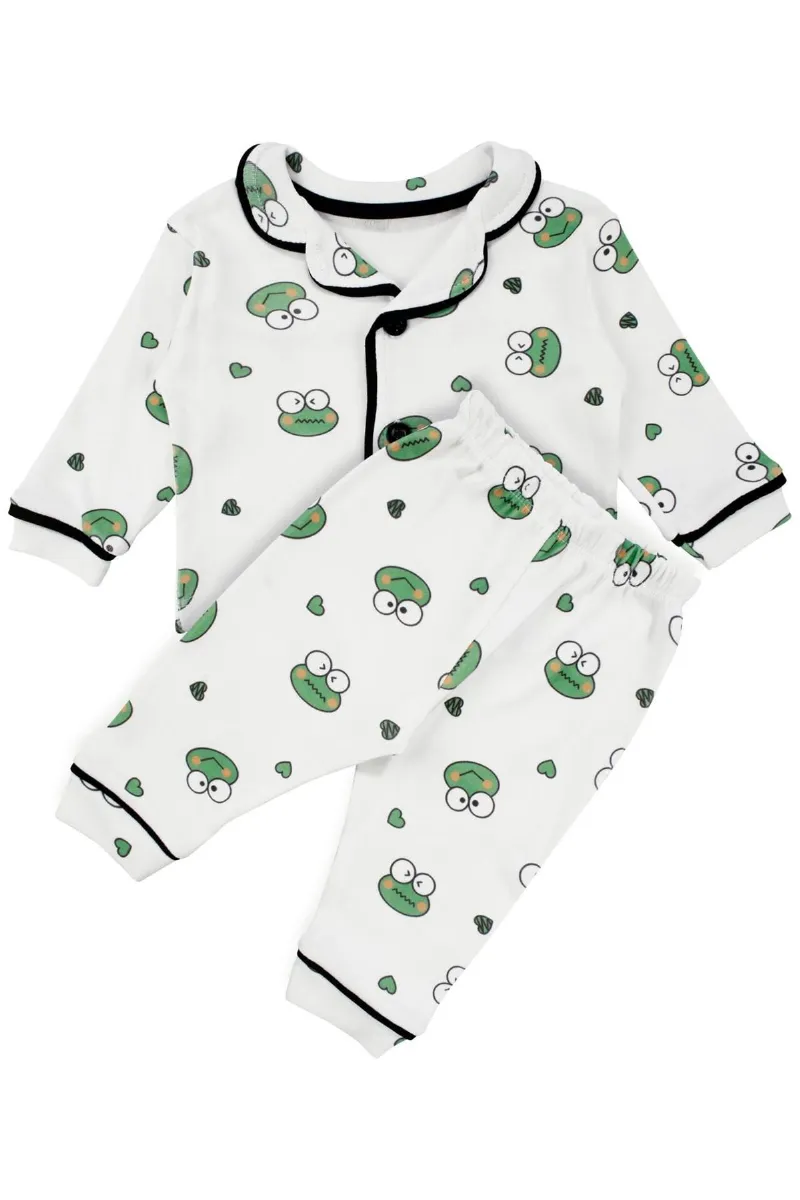 Unisex Ekru Yeşil Kurbağa Desenli Kruvaze Yaka Pijama Takımı