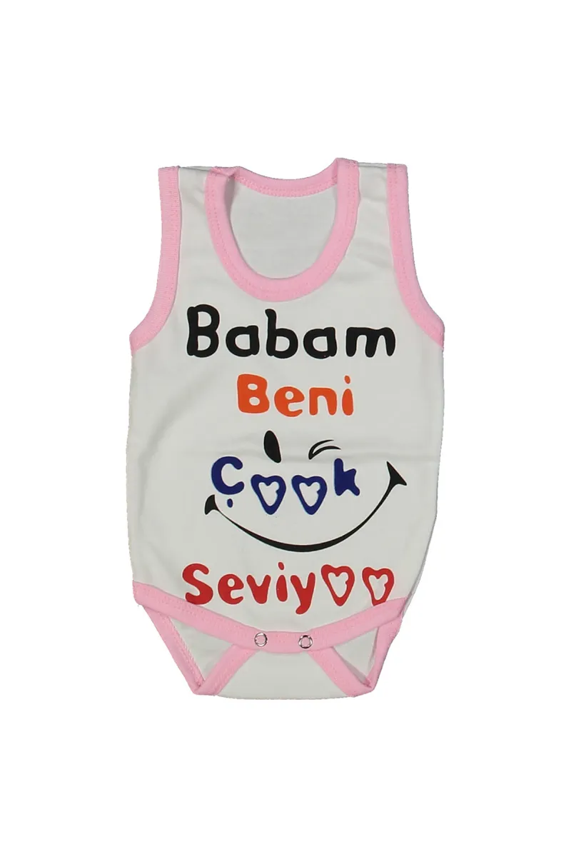 Kız Bebek Beyaz Pembe Biyeli Babam Beni Seviyor Yazılı Askılı Zıbın