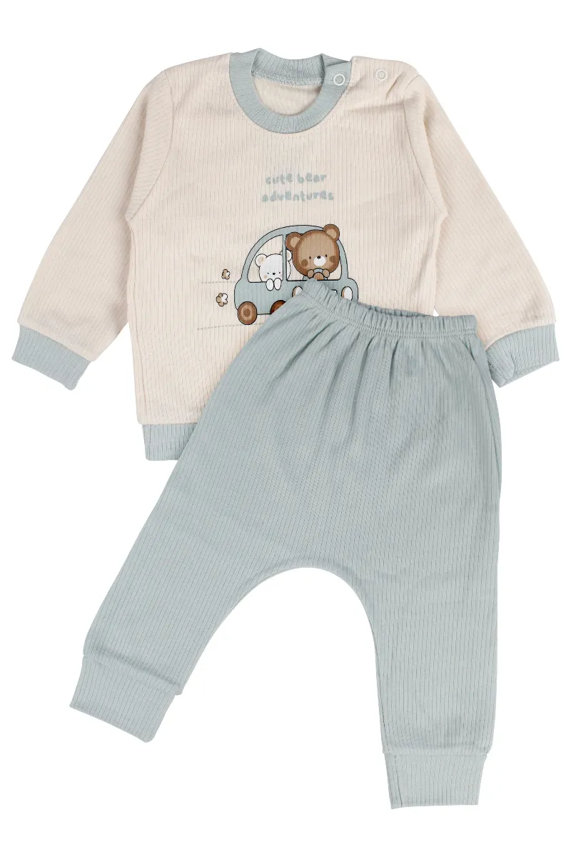 Erkek Bebek Ekru Yeşil Ayıcık Baskılı Pijama Takımı
