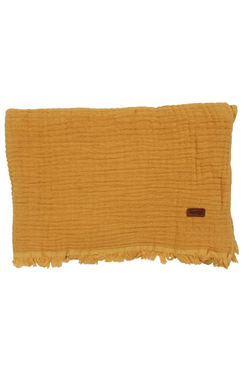 Unisex Sarı Püsküllü 4 Kat Battaniye 80x120