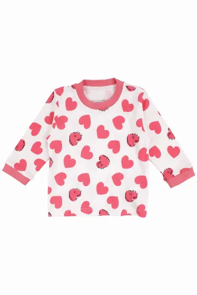 Kız Bebek Ekru Fuşya Kalp Desenli Pijama Takımı