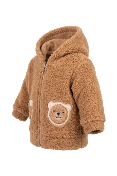 Erkek Bebek Kahverengi Peluş Kapüşonlu Ayıcık Nakışlı Fermuarlı Hırka