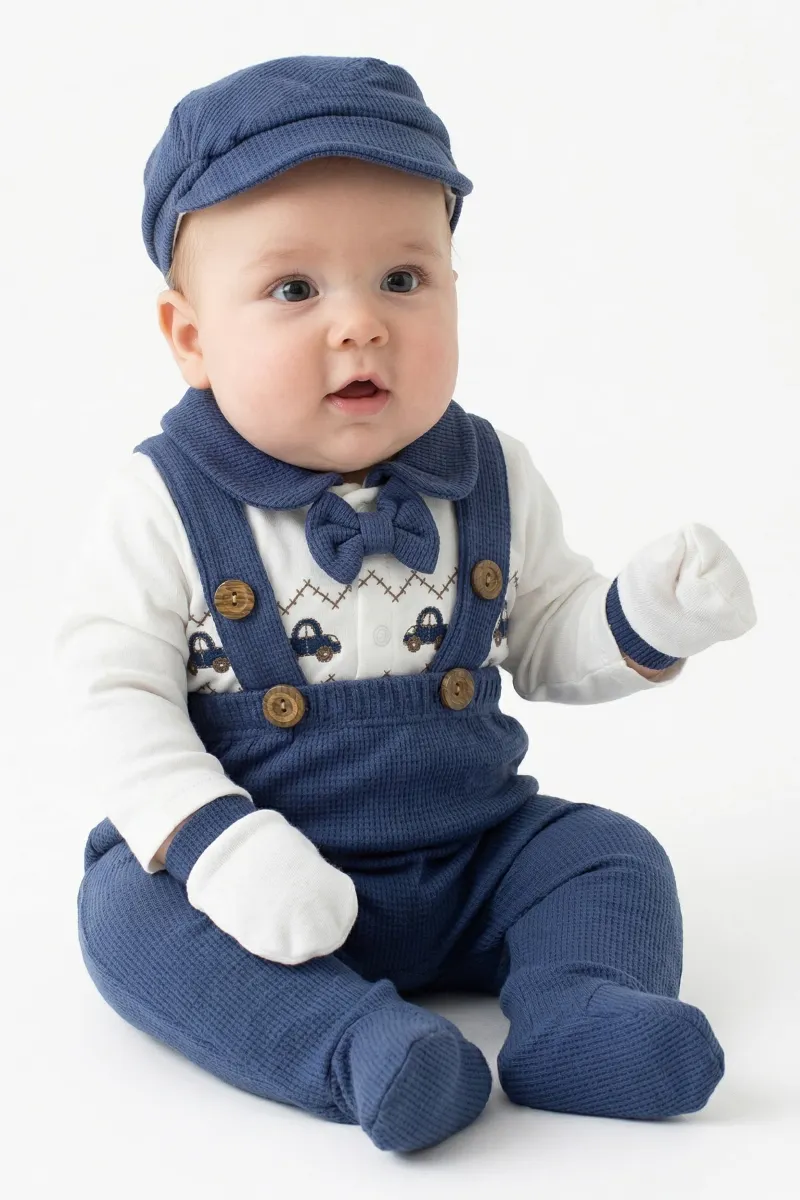 Erkek Bebek Beyaz Lacivert Araba Desenli Bebe Yakalı 5'li Hastane Çıkış Seti