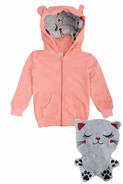 Unisex Kendinden Peluş Oyuncak Kedili Gri Fermuarlı Kapşonlu Hırka