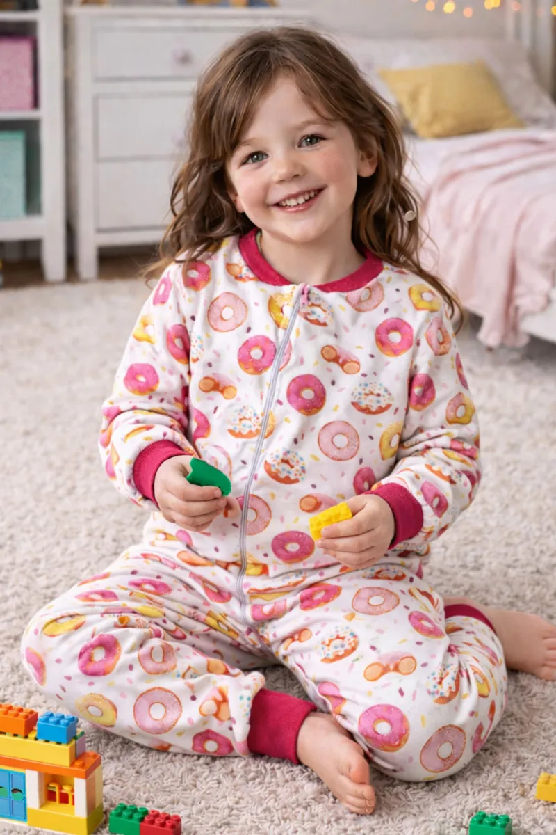 Kız Çoçuk Fuşya Biyeli Pembe Donut Desenli Uyku Tulumu