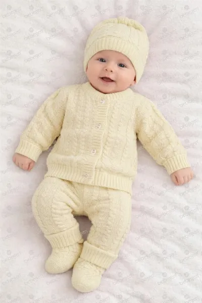 Krem 4 Parça Triko Bebek Takımı