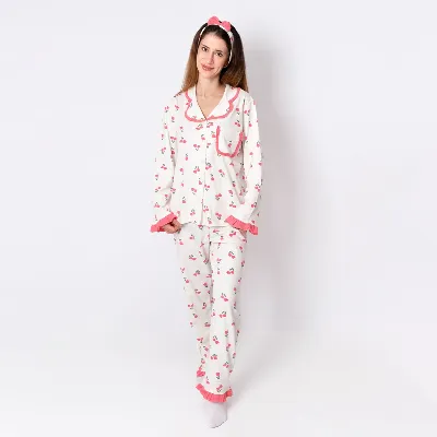 Kadın Anne Ekru Pembe Lale Desenli Fırfırlı Bandanalı Pijama Takımı