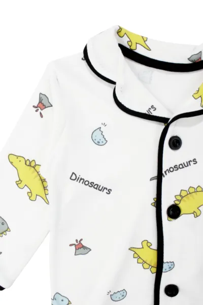 Unisex Ekru Renkli Dinazor Desenli Kruvaze Yaka Pijama Takımı