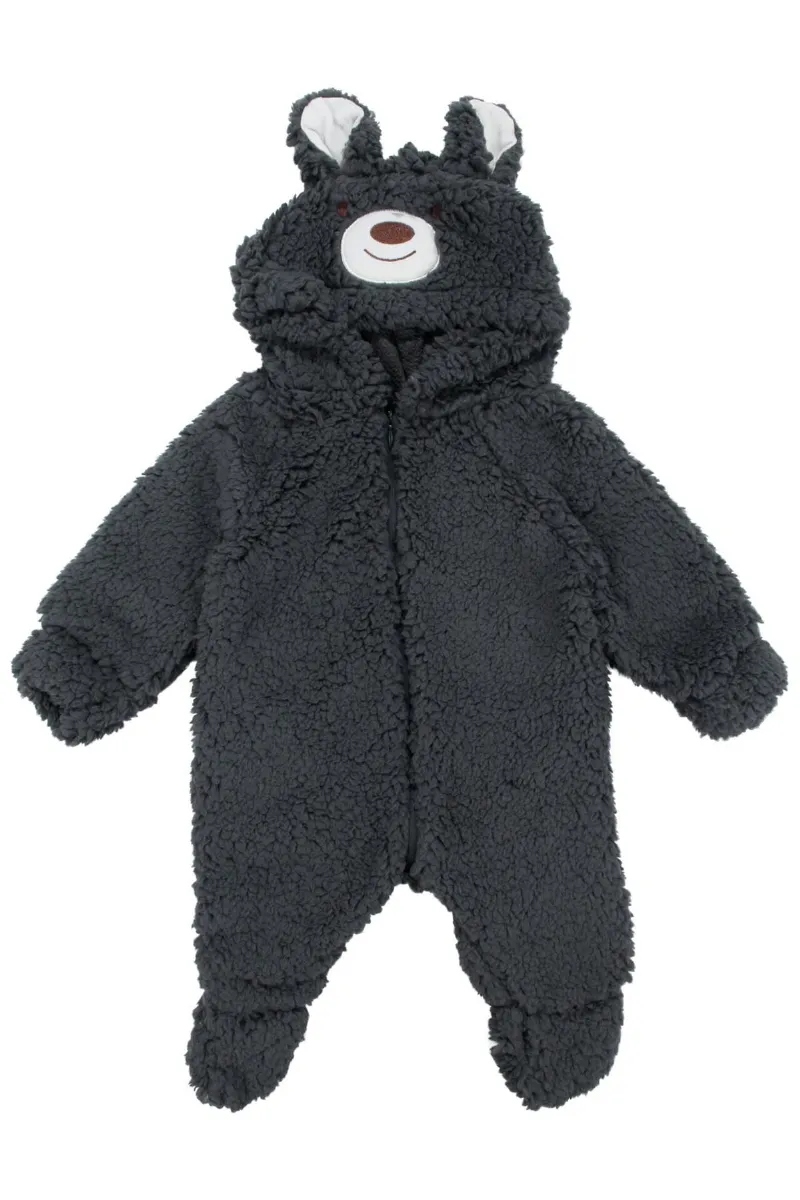 Unisex Füme Ayı Nakışlı Kapşonlu Peluş Tulum