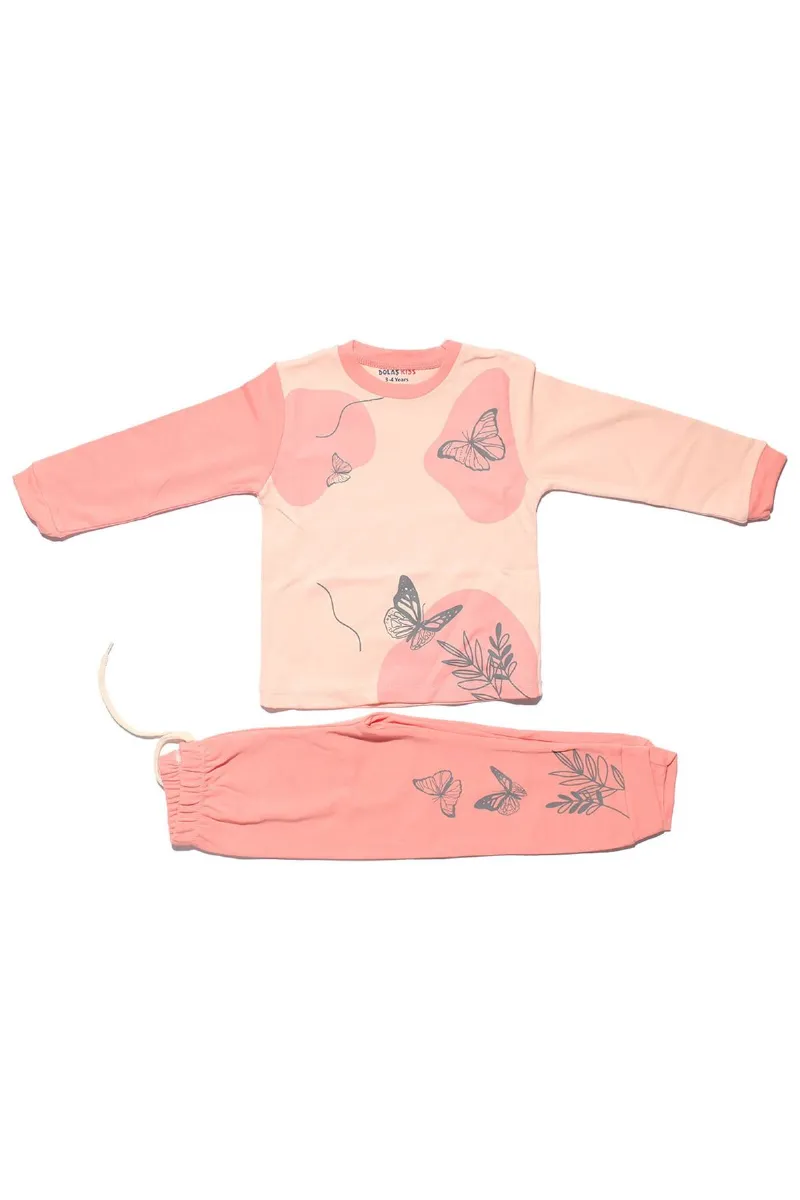 Kız Çocuk Somon Pembe Kelebek Baskılı 2'li Pijama Takımı
