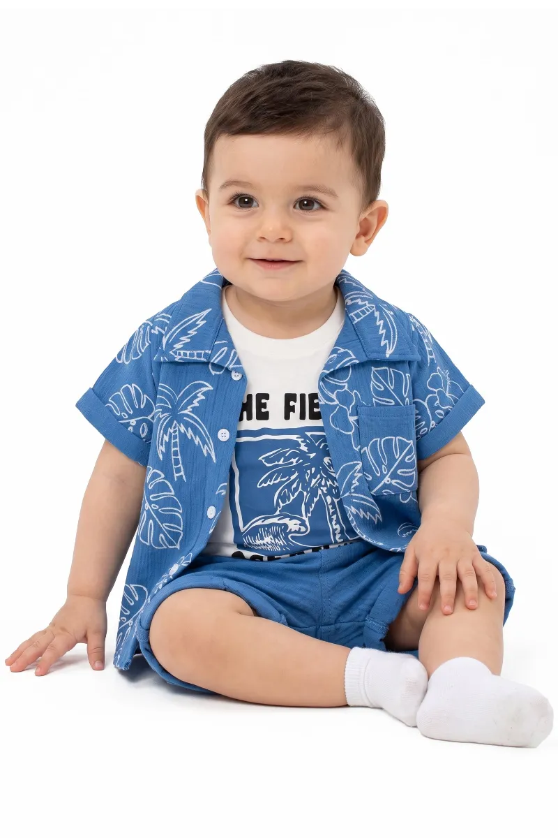 Erkek Bebek Mavi Beyaz Yaprak Desenli Gömlekli Şortlu Müslin 3'lü Takım