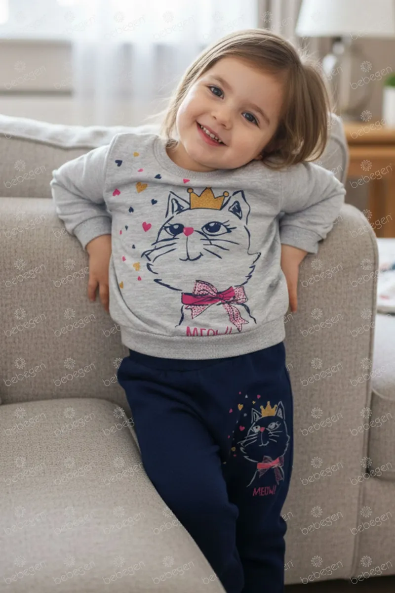 Kız Bebek Gri Lacivert Kedi Baskılı 2'li Takım