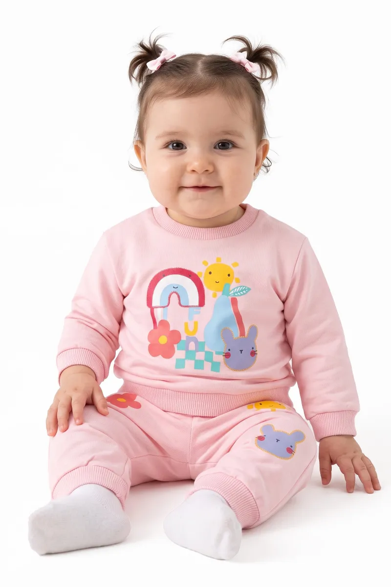 Kız Bebek Pembe Renkli Gökkuşağı Güneş Baskılı 2'li Takım