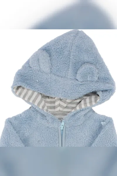Unisex Mavi Peluş Fermuarlı Kapüşonlu Hırka